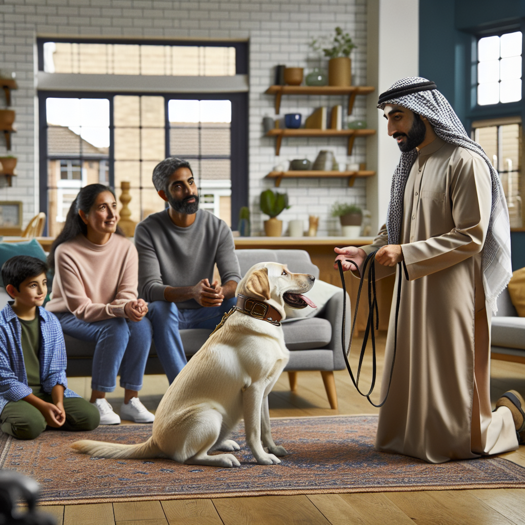 Smart Master Dog Trainer guiding a Labrador onto a place mat during a first visit in a UK home
