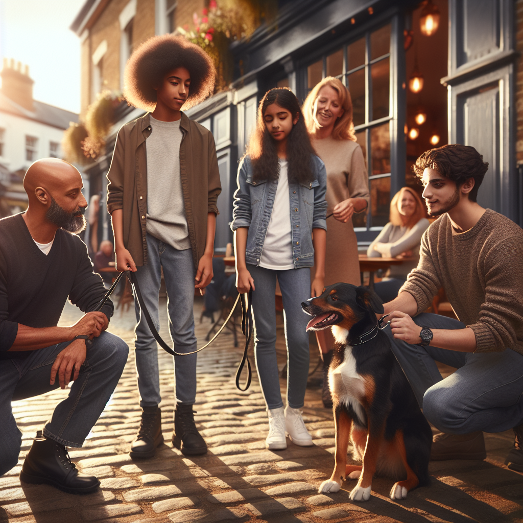 Trainer coaching a family to build neutral body language with their dog outside a UK cafe