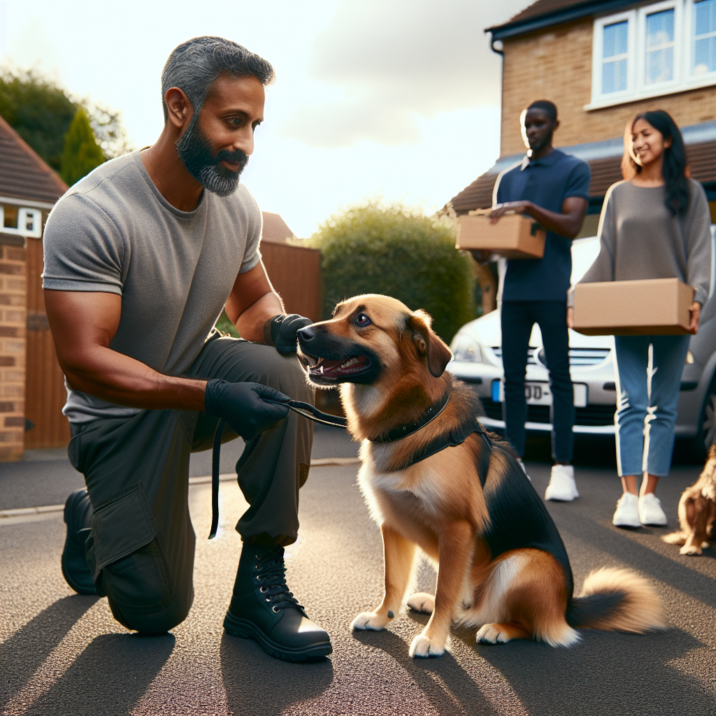Smart trainer guiding a dog to hold a sit stay as a delivery person walks by