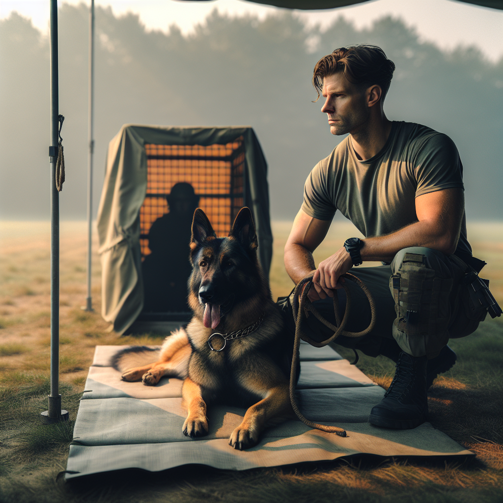 Handler and German Shepherd practising calm IGP downtime drills on a mat beside a covered crate at a UK trial field