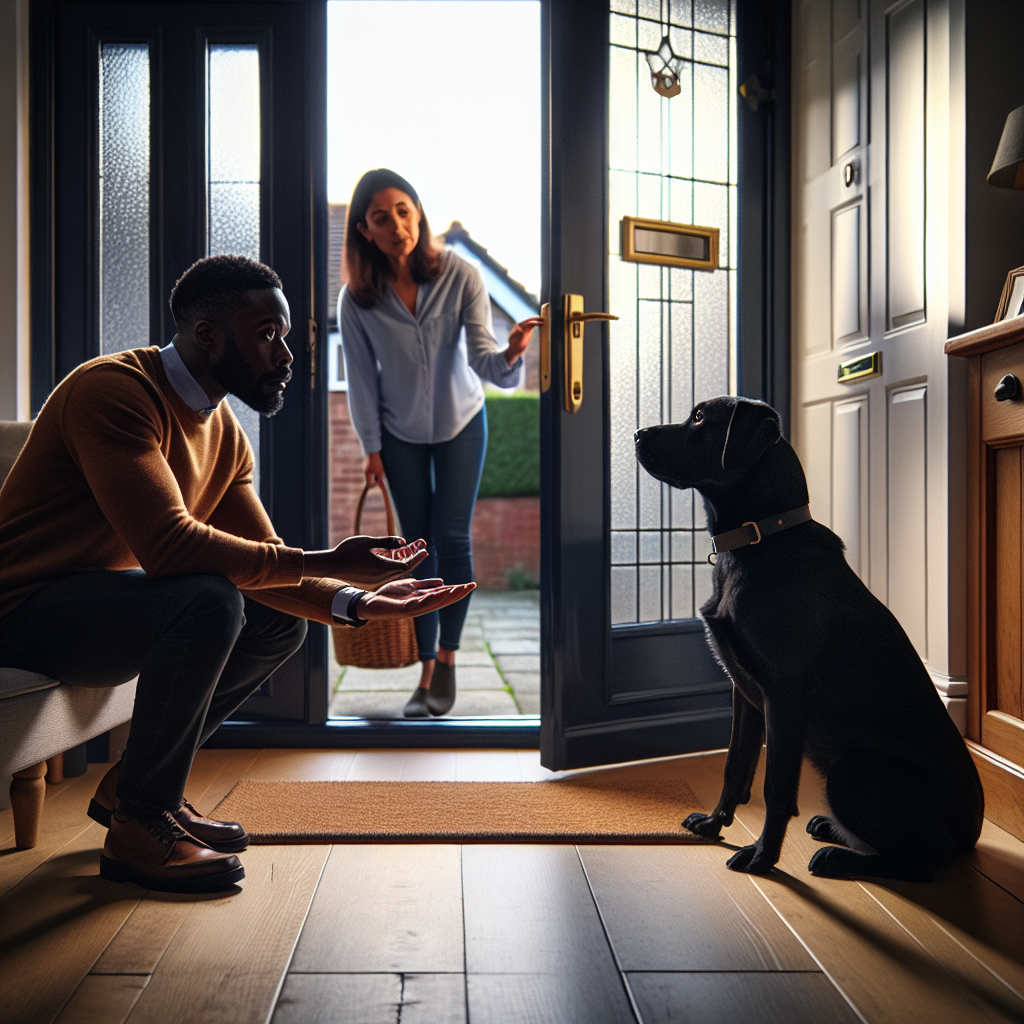 Trainer guiding a calm dog to sit and wait at an open front door in a UK home