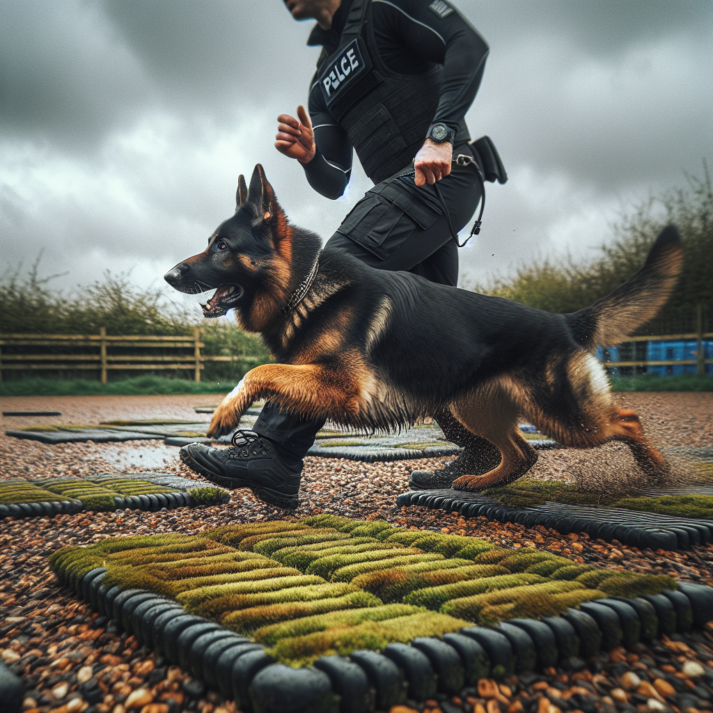 German Shepherd performing focused IGP heel on uneven mats and gravel with a UK trainer