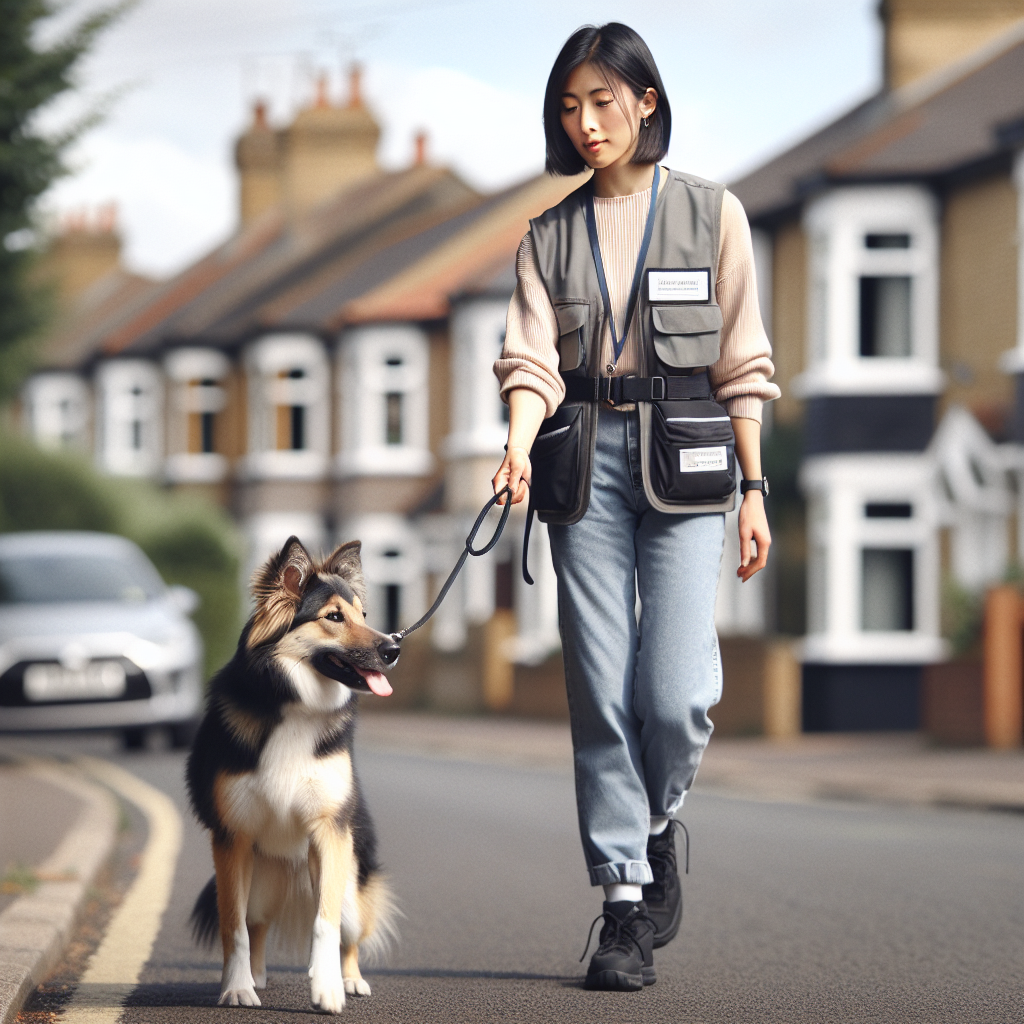 Trainer marks a dog's attentive head turn during loose lead walking on a quiet UK street
