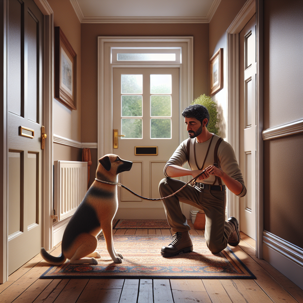 Trainer guiding a mixed breed dog to wait calmly on a mat by a slightly open front door in a UK hallway
