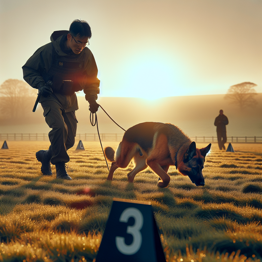 German Shepherd tracking on a long line in a UK field with short grass and a handler following calmly