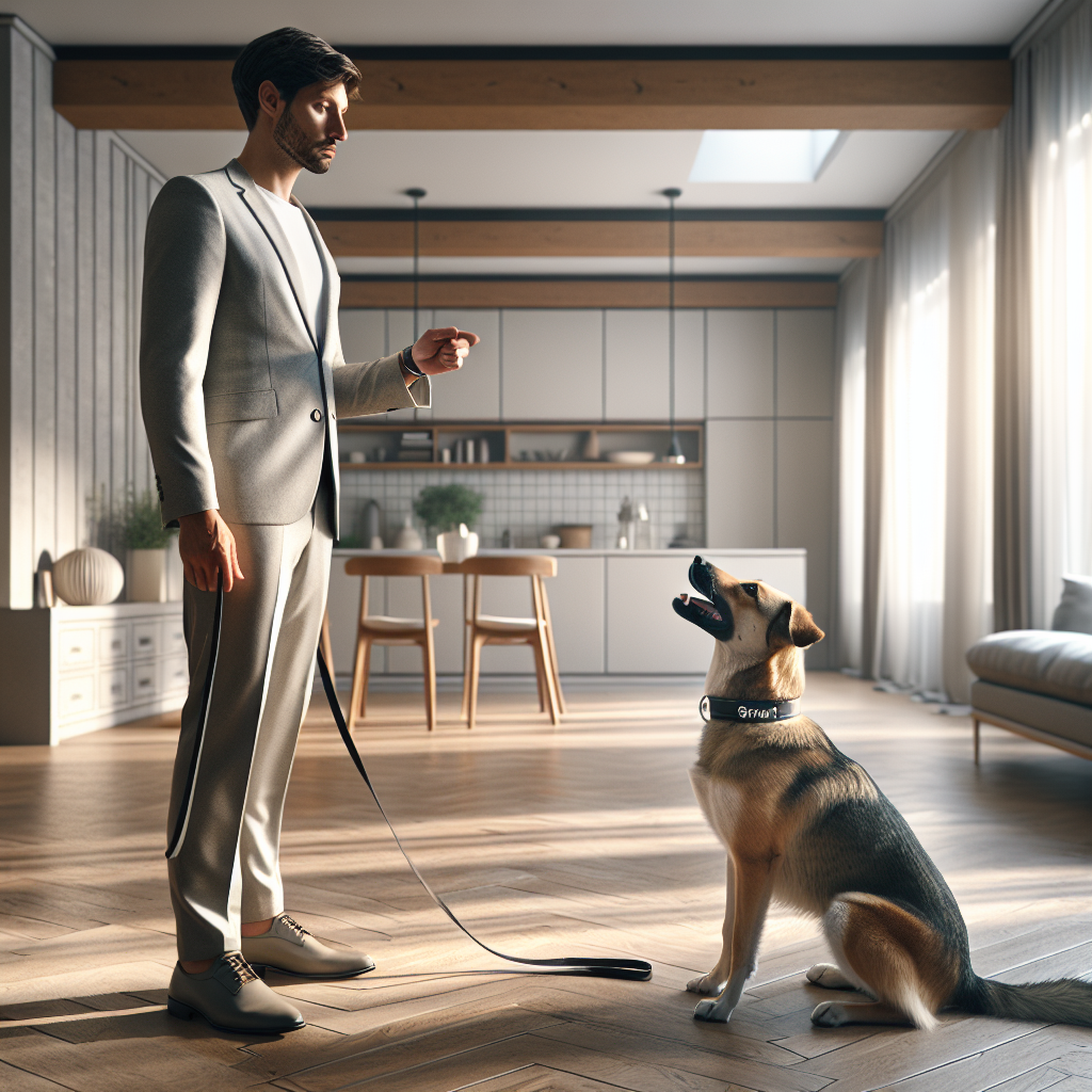 UK trainer giving a single sit cue to an attentive dog with calm, clear body language in a home setting