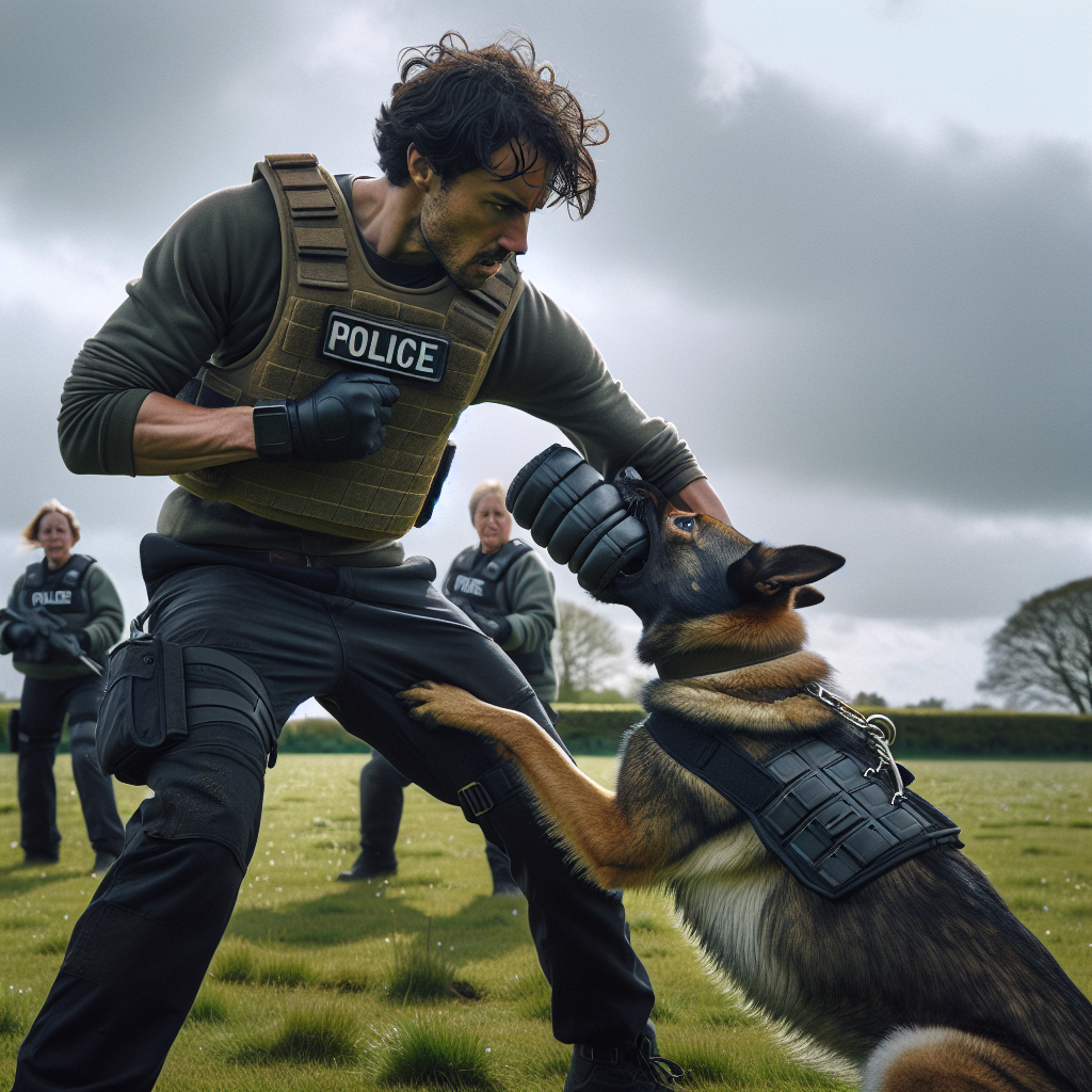 IGP helper guides a working dog into a full calm grip during a protection session on a UK field