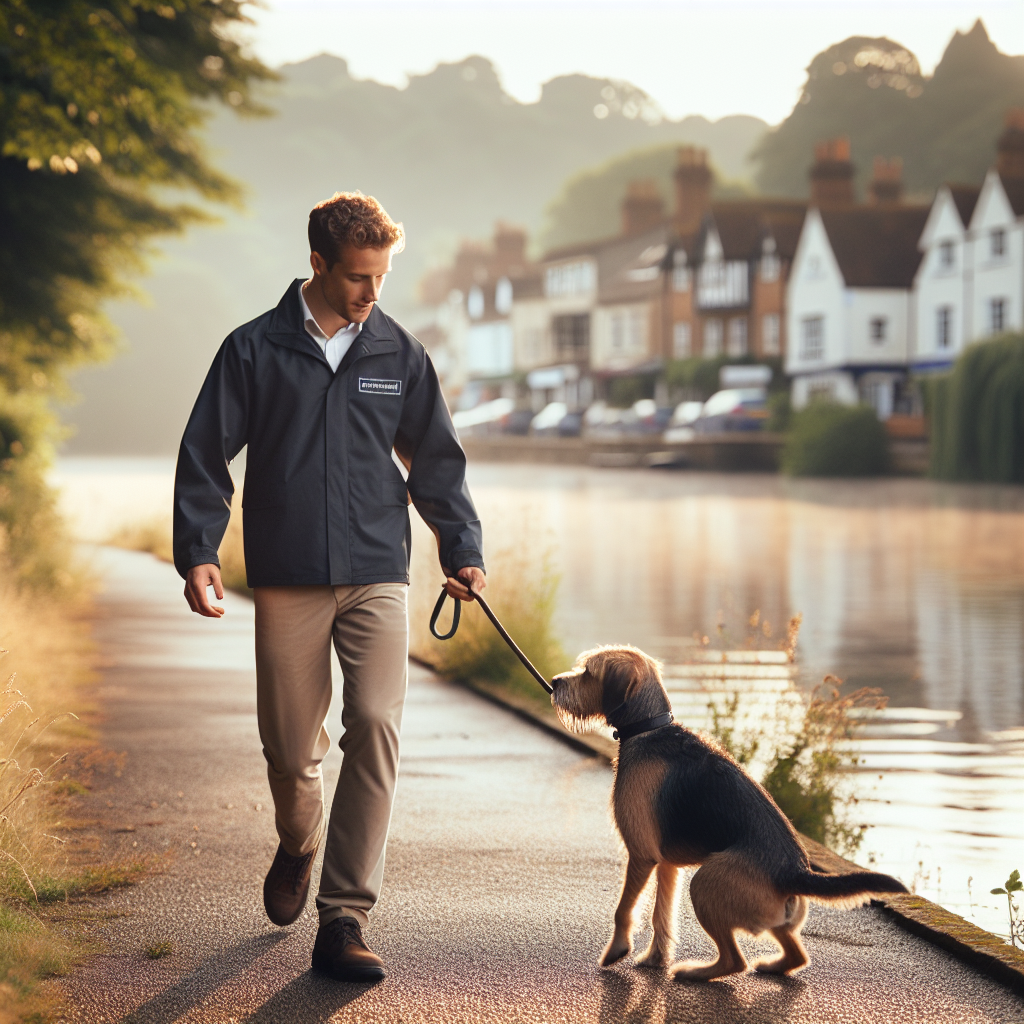 Trainer practising loose lead walking and sit stay with a mixed breed dog on a riverside path in Maidenhead