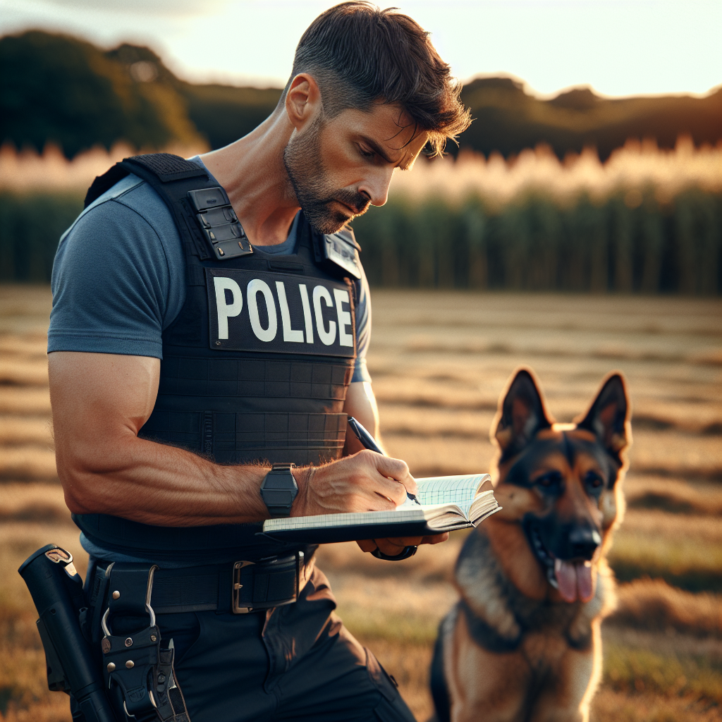 IGP handler writing observation logs while watching a German Shepherd train on a UK field