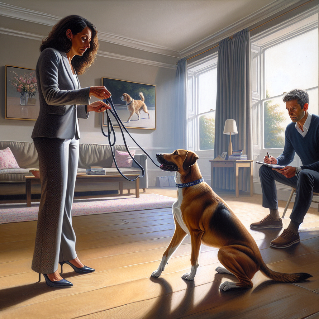 Trainer guiding a mixed breed dog in a structured heel routine inside a UK home