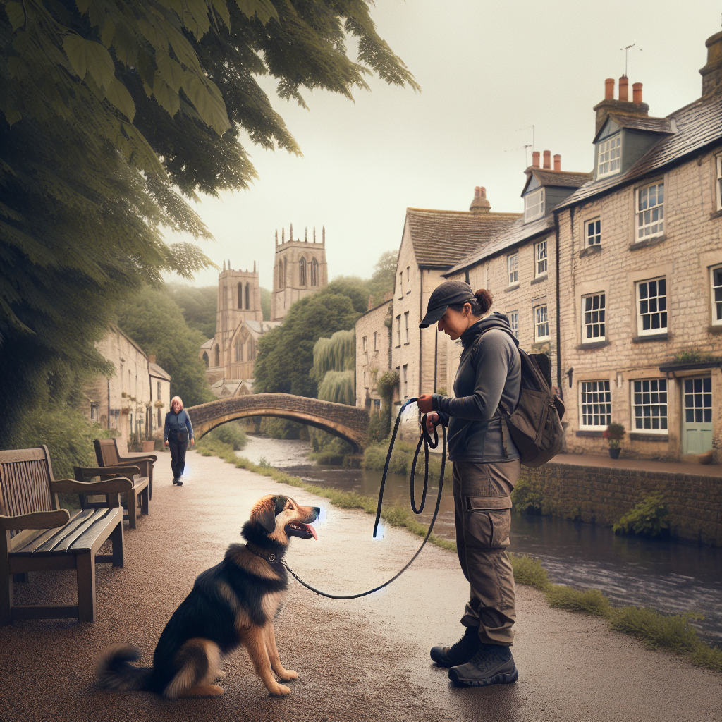 Trainer practising loose-lead walking with a mixed-breed dog along a riverside path in a UK market town