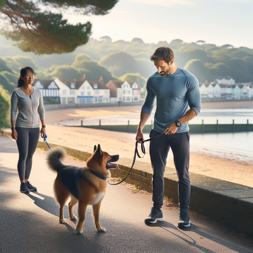 Trainer and dog practising heel and recall in a Poole coastal park