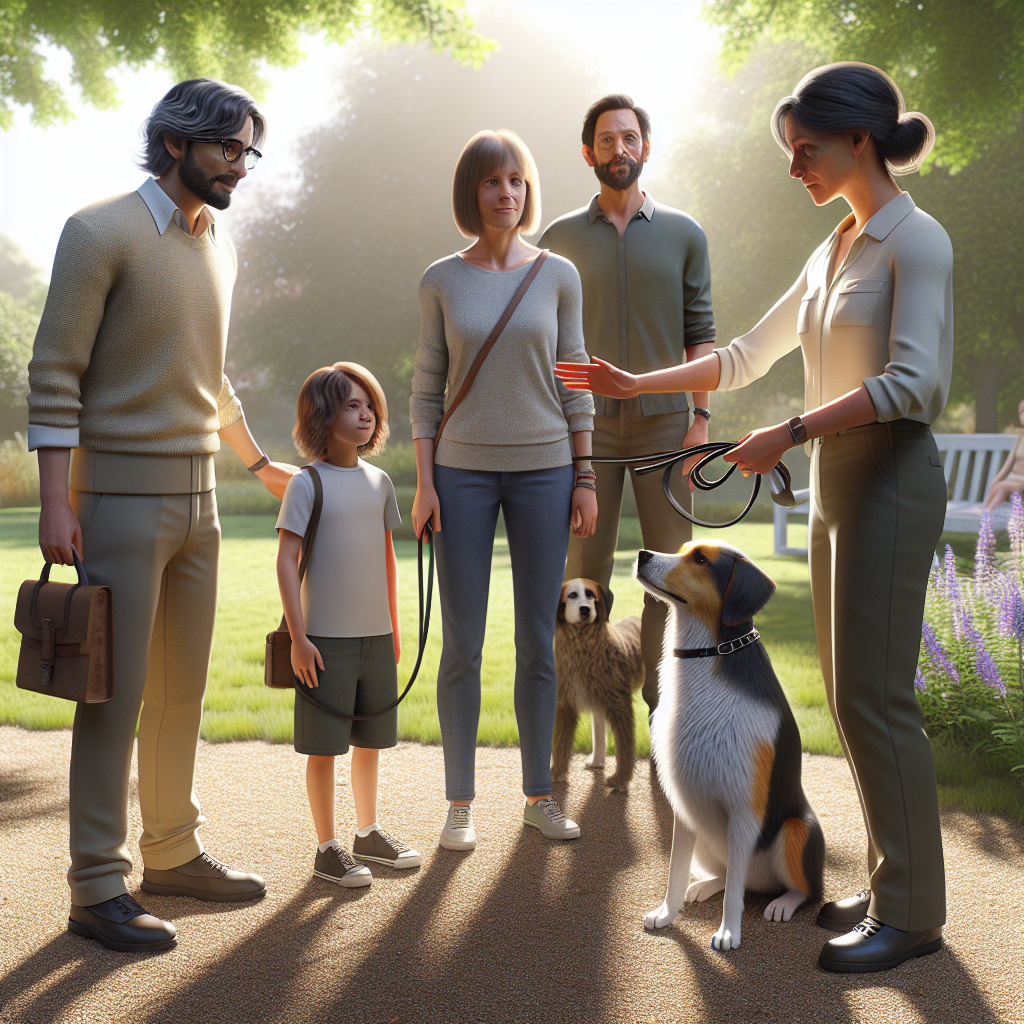 Trainer guides a family as their dog offers a head turn and soft blink during a calm park greeting
