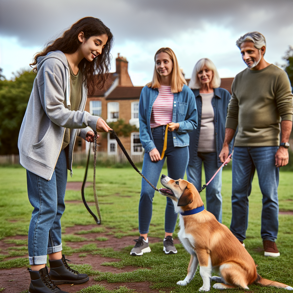 Smart trainer coaching a family and dog on heel and recall in a UK suburban park