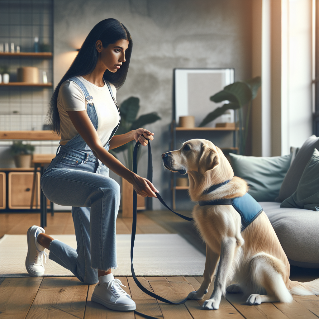 Smart trainer teaching a dog loose lead and place with clear markers in a modern UK living room
