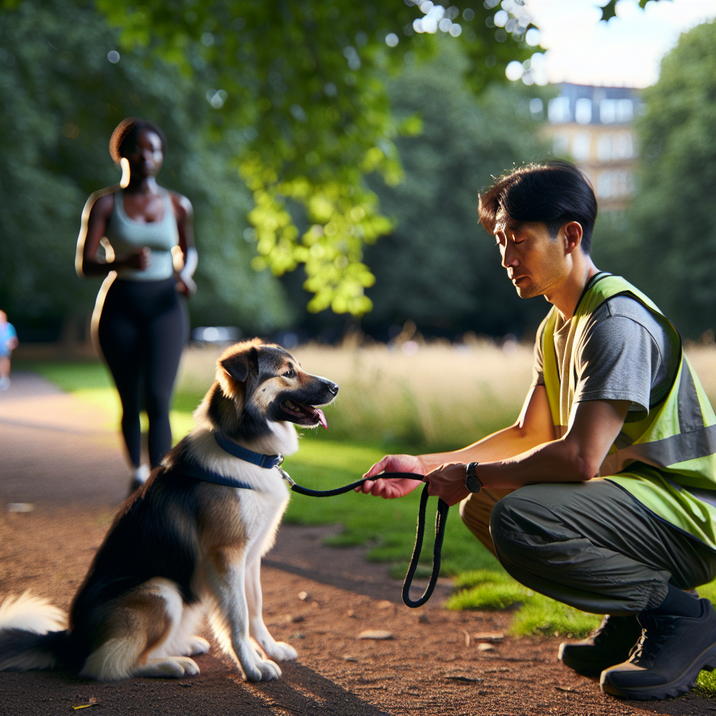 Smart trainer teaching low pressure outdoor obedience in a UK park with a dog on a loose lead