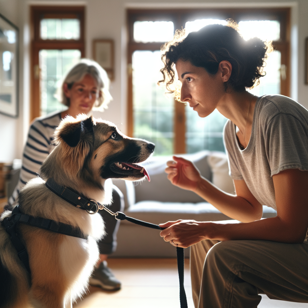 Owner practising leash handling with a Smart Master Dog Trainer coaching during a home handover session