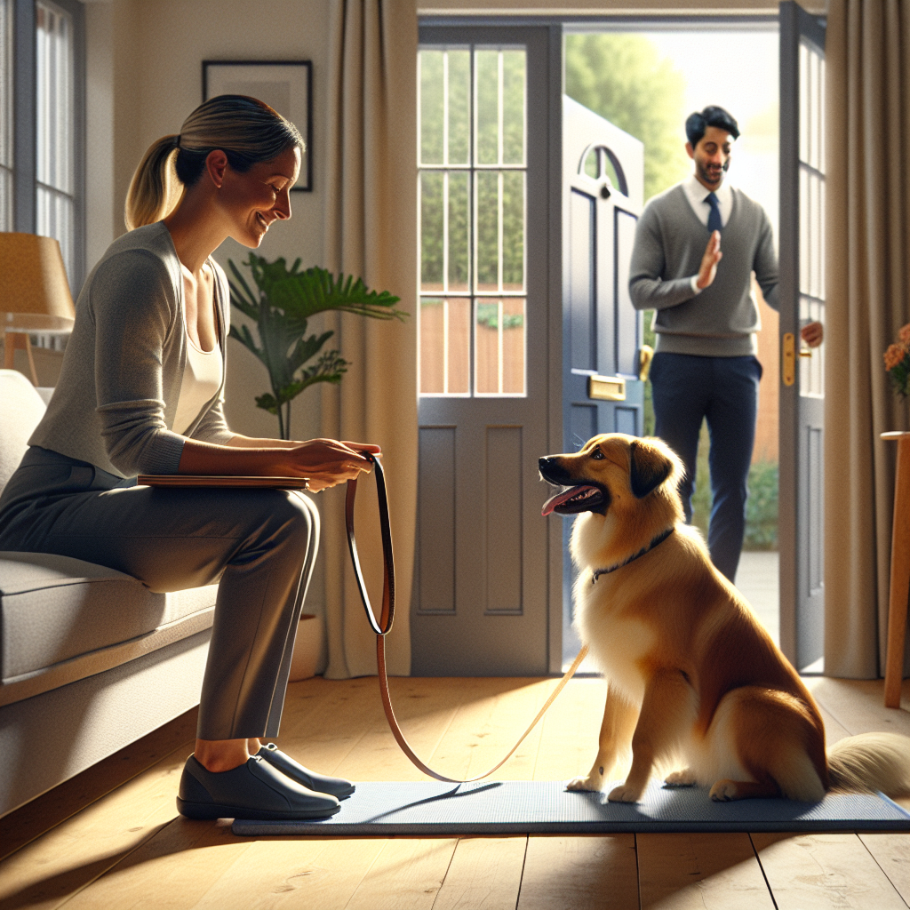 Trainer helping a dog stay relaxed on a mat as a visitor knocks at the door in a UK home