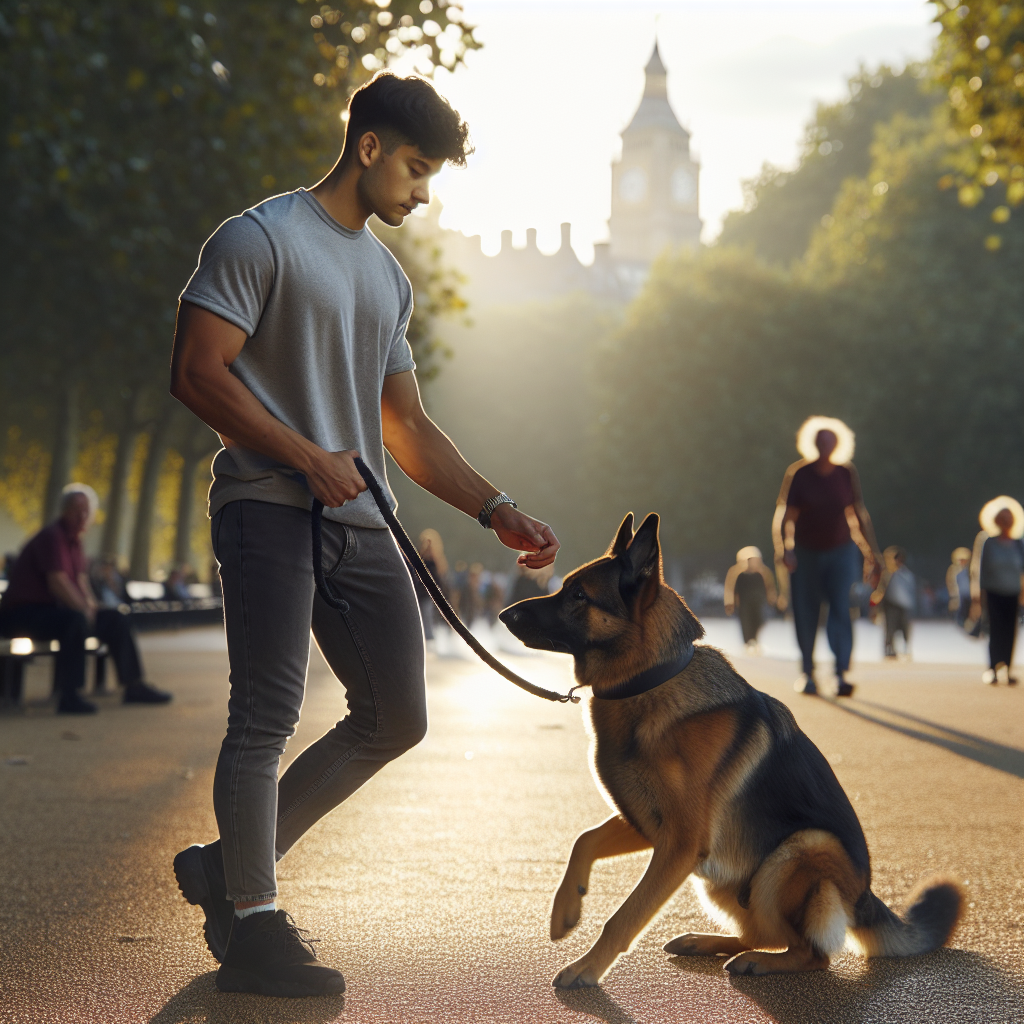 Handler and German Shepherd heeling calmly in a busy park while the handler practises controlled breathing