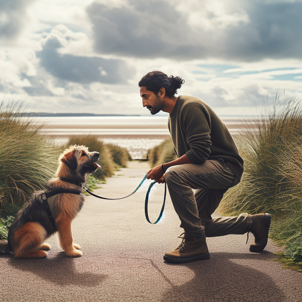 UK dog trainer practising loose lead walking and recall with a mixed breed on a quiet coastal path