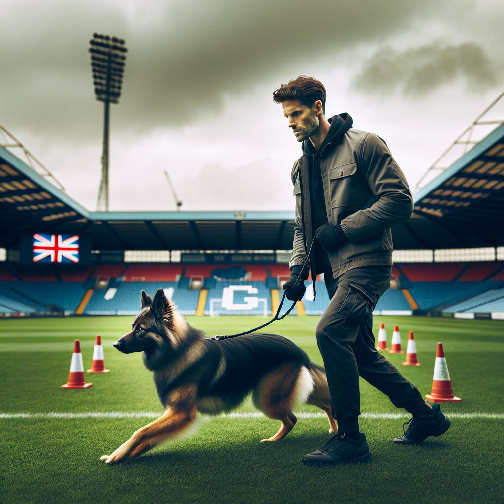 UK handler and shepherd-type dog practising precise BH heelwork on a field with neutral lead and focused posture