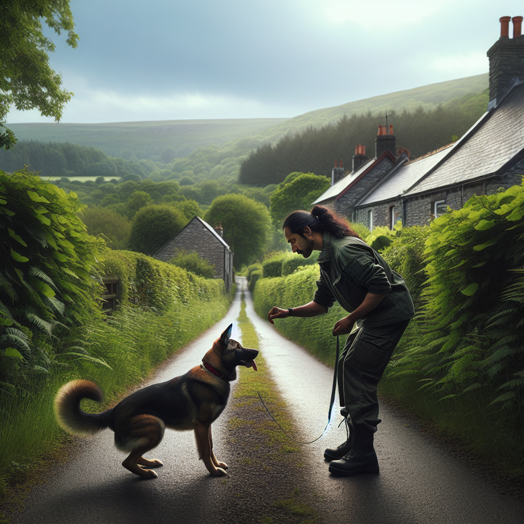 UK dog trainer practising heel with a mixed-breed dog on a quiet lane near Bridgend