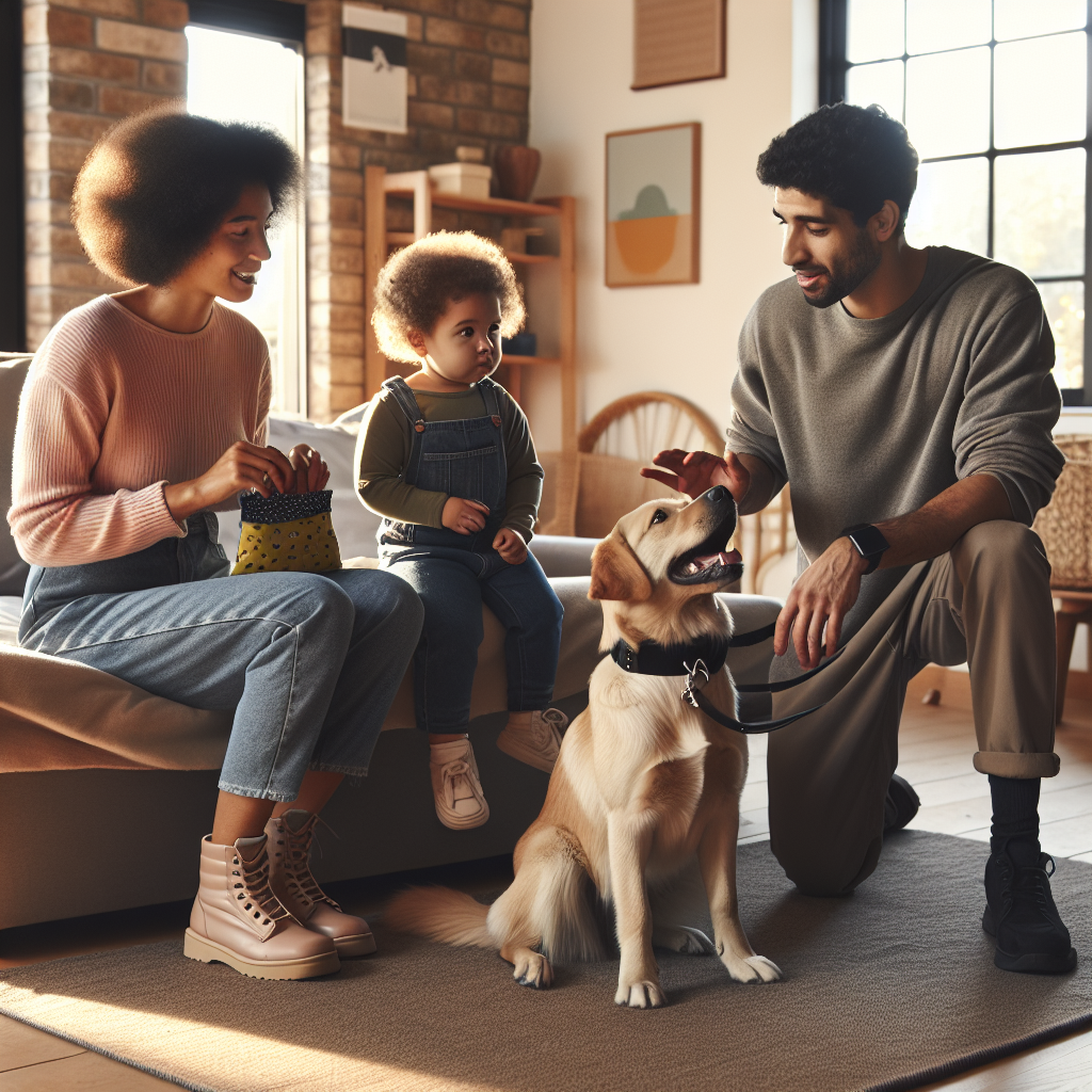 Smart trainer guides a family and their dog through a calm place stay routine in a UK living room