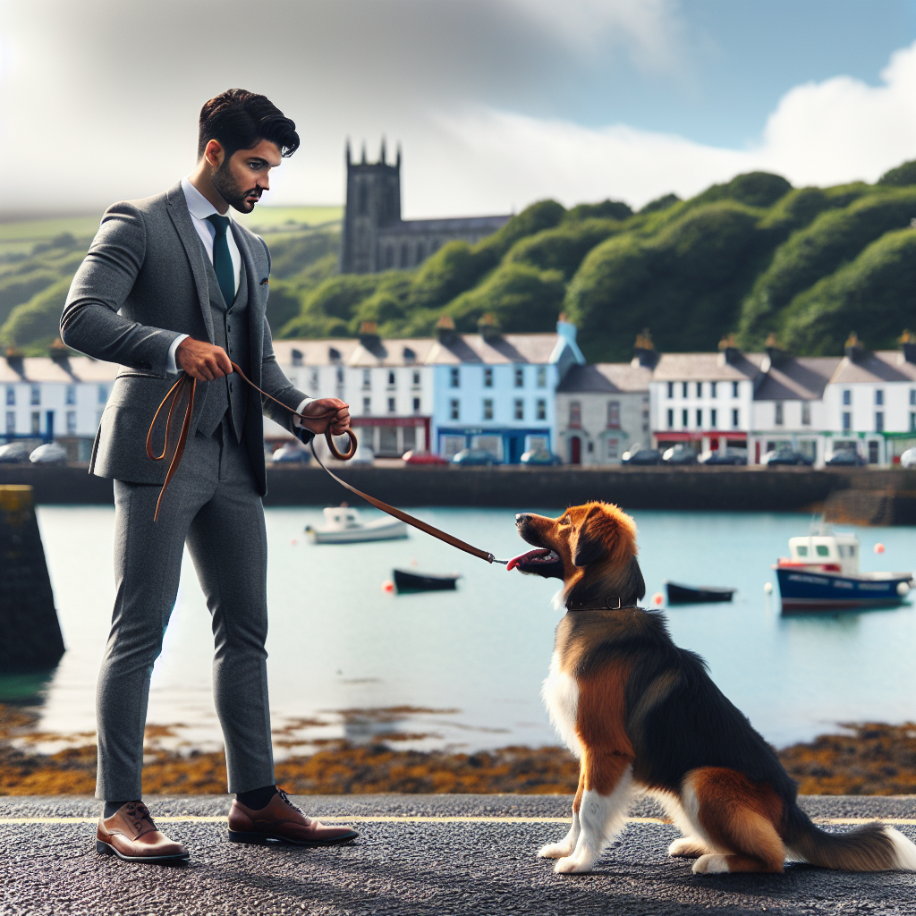 Trainer practising loose lead and recall with a dog beside a coastal promenade in Larne