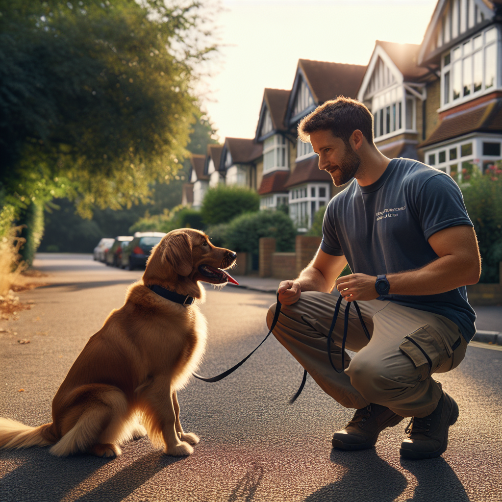 Trainer practising loose lead walking with a mixed breed dog on a leafy Barnet street