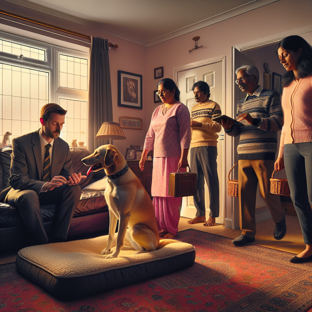 Dog calmly holding place on a raised bed as a trainer guides and a family creates gentle distractions in a UK home