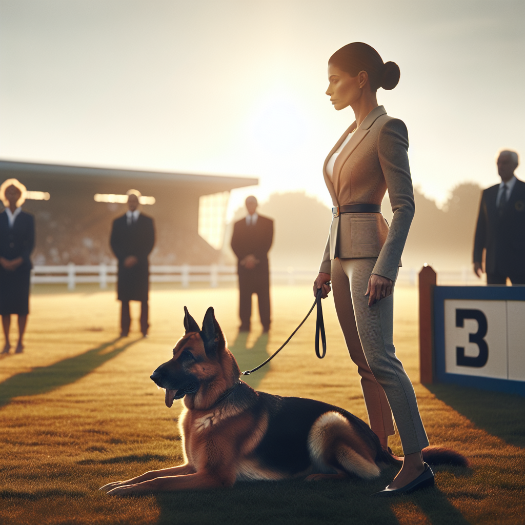 Trainer and German Shepherd practising calm down-stay near a trial ring gate in the UK