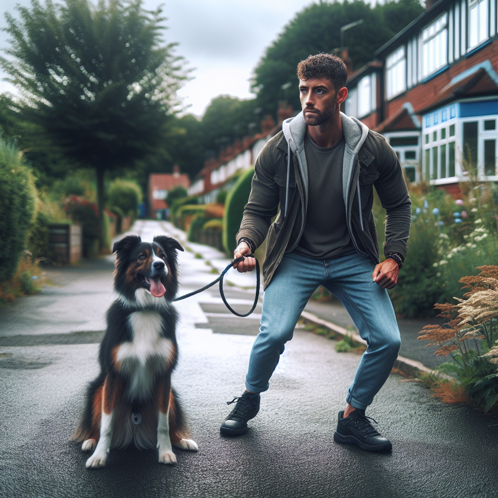 Trainer practising heel and recall with a mixed breed dog on a Swadlincote path