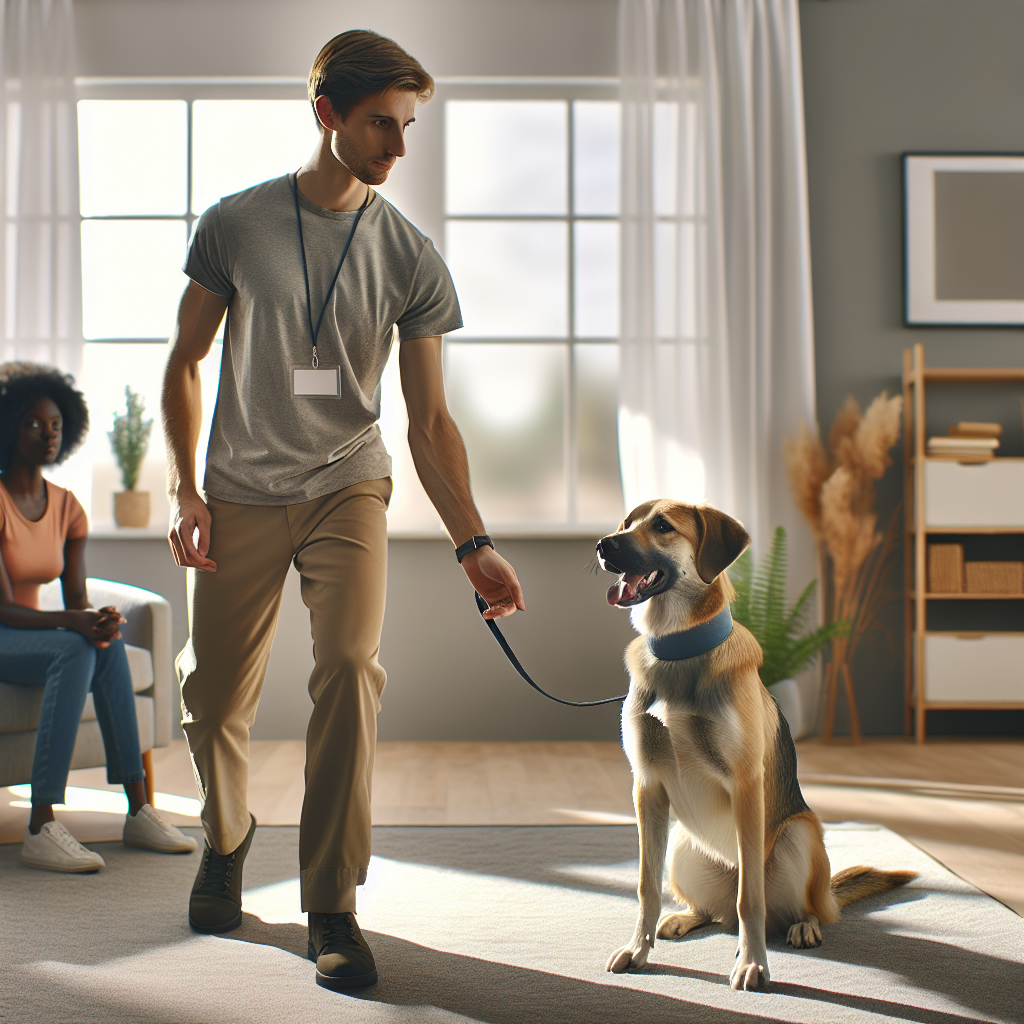 Trainer guides an adolescent dog to relax on Place in a calm UK home setting