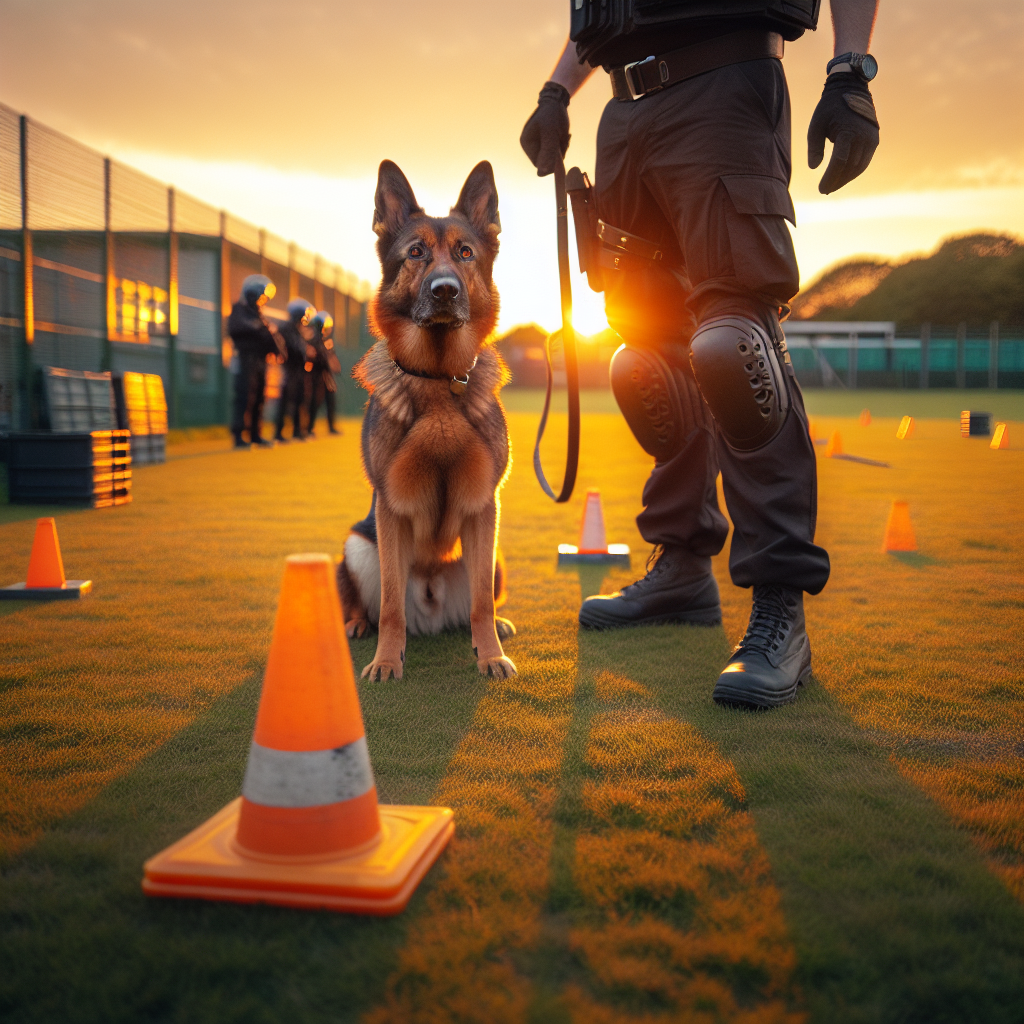 German Shepherd anchoring in heel at a cone on an IGP field with handler focus and decoy in background