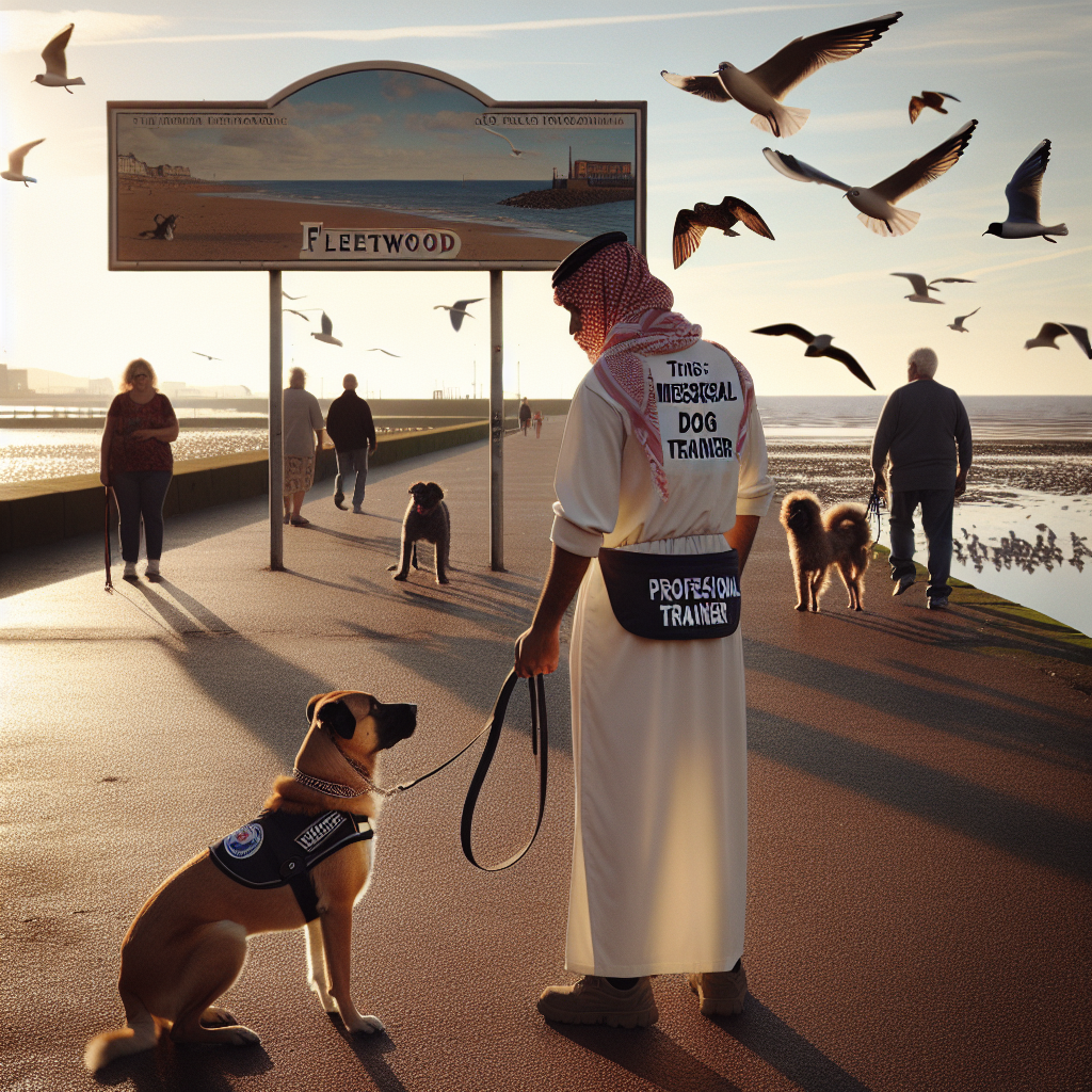 Trainer guiding a mixed-breed dog in focused heelwork on a Fleetwood coastal promenade at sunset