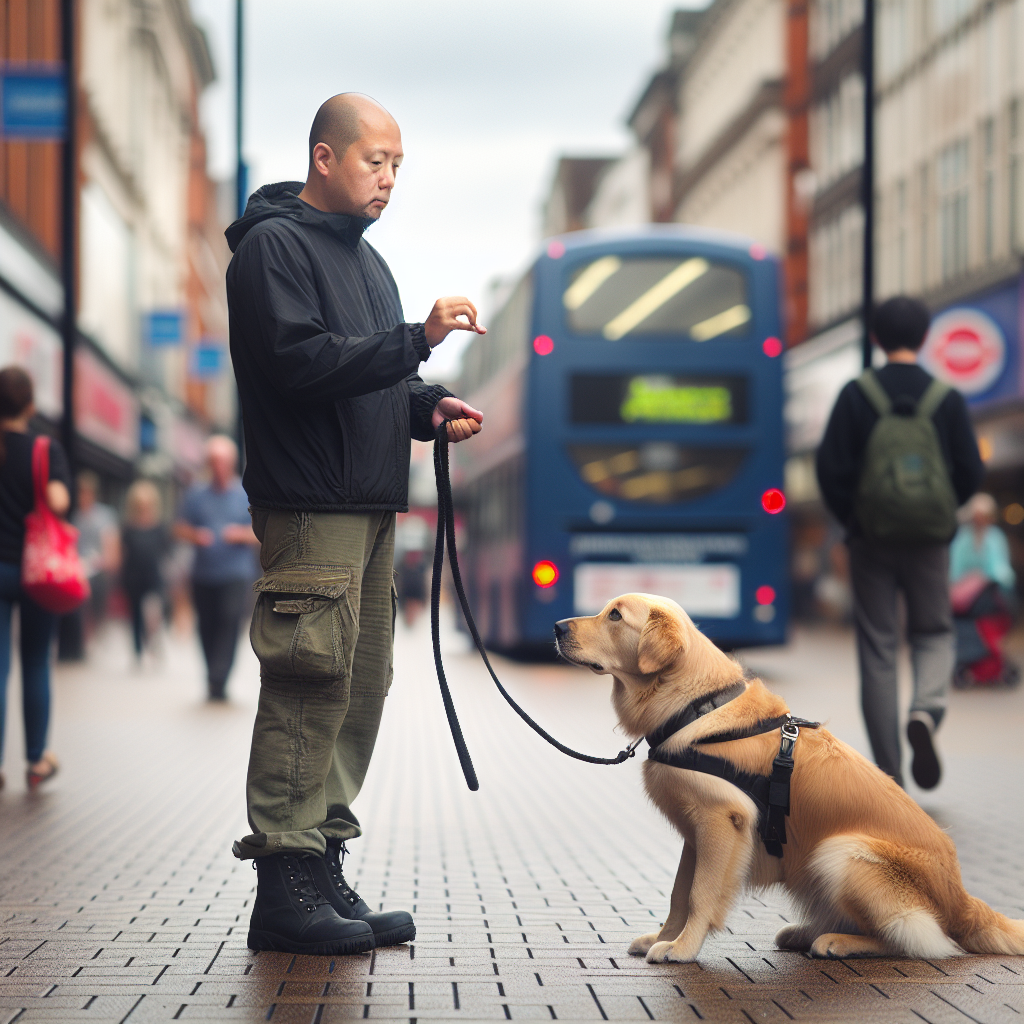 Trainer rewarding a calm loose leash walk with a dog on a busy UK high street