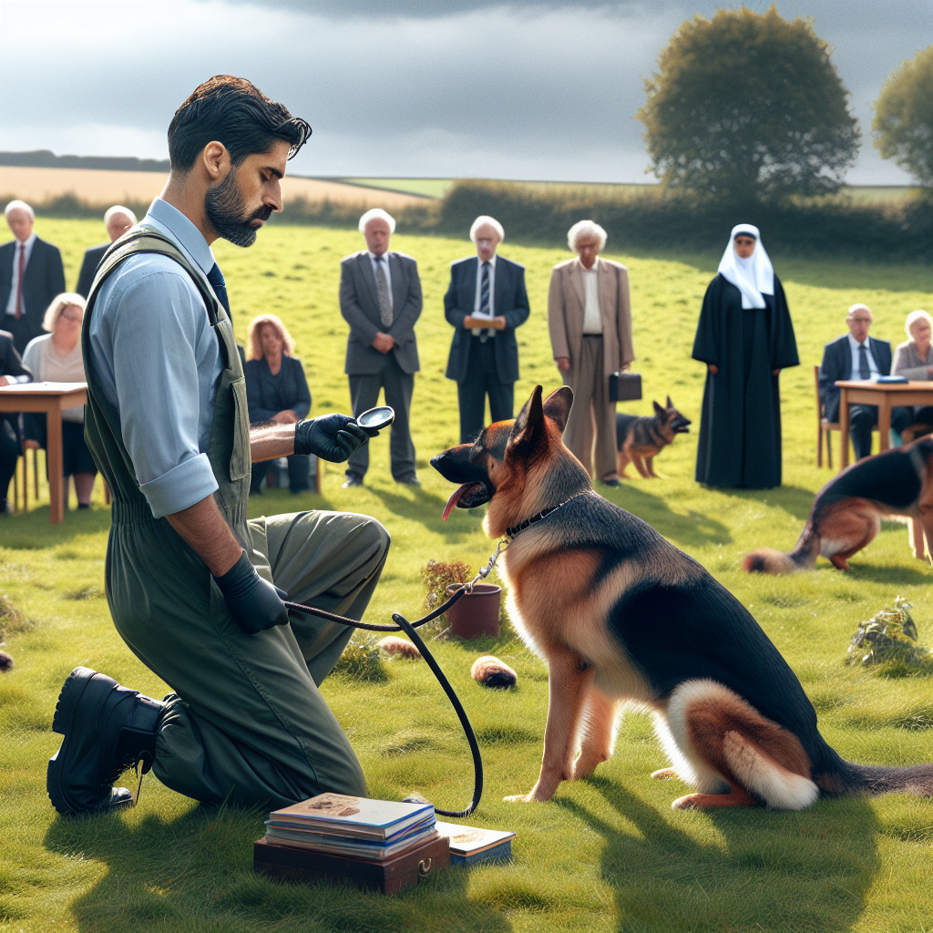 Handler assessing a German Shepherd’s tail and ear set during a mock trial on a UK field