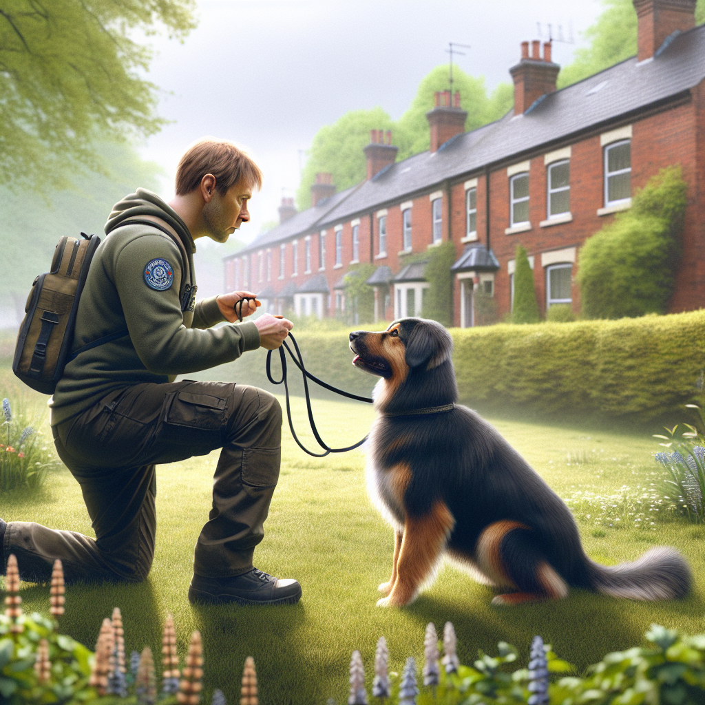 UK dog trainer coaching a mixed breed on loose lead walking in a Ripley park