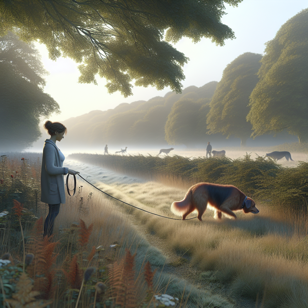 Trainer guiding a relaxed dog on a long line during a calm decompression walk in a quiet UK meadow