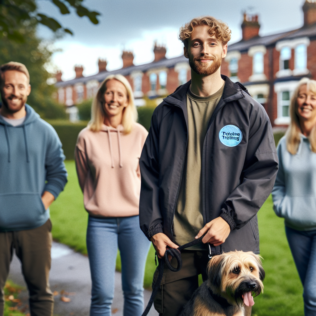 Smart trainer teaching a family and their dog loose lead walking in a leafy Urmston park