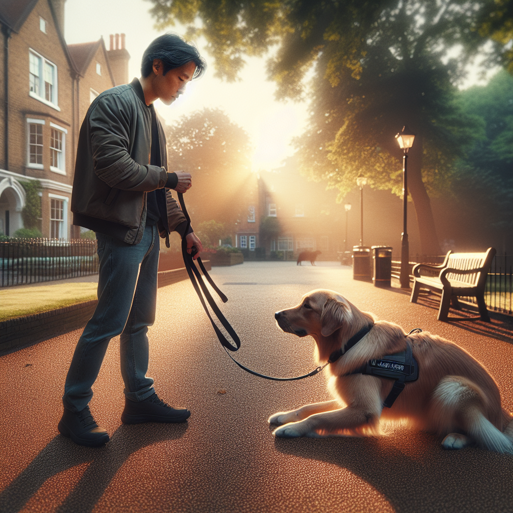 Smart trainer guiding a dog into a down without luring using gentle leash pressure in a UK park