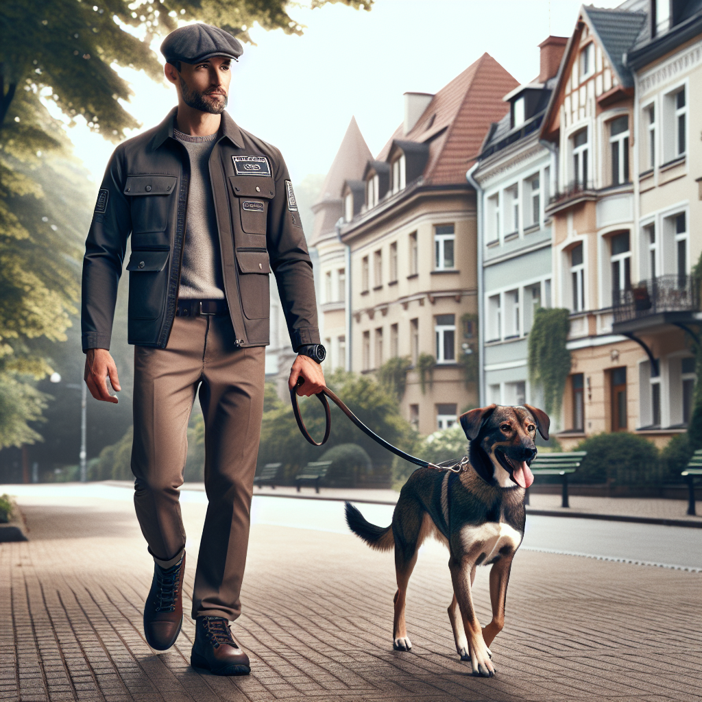 Trainer practising loose lead walking with a mixed-breed dog on a leafy West London street