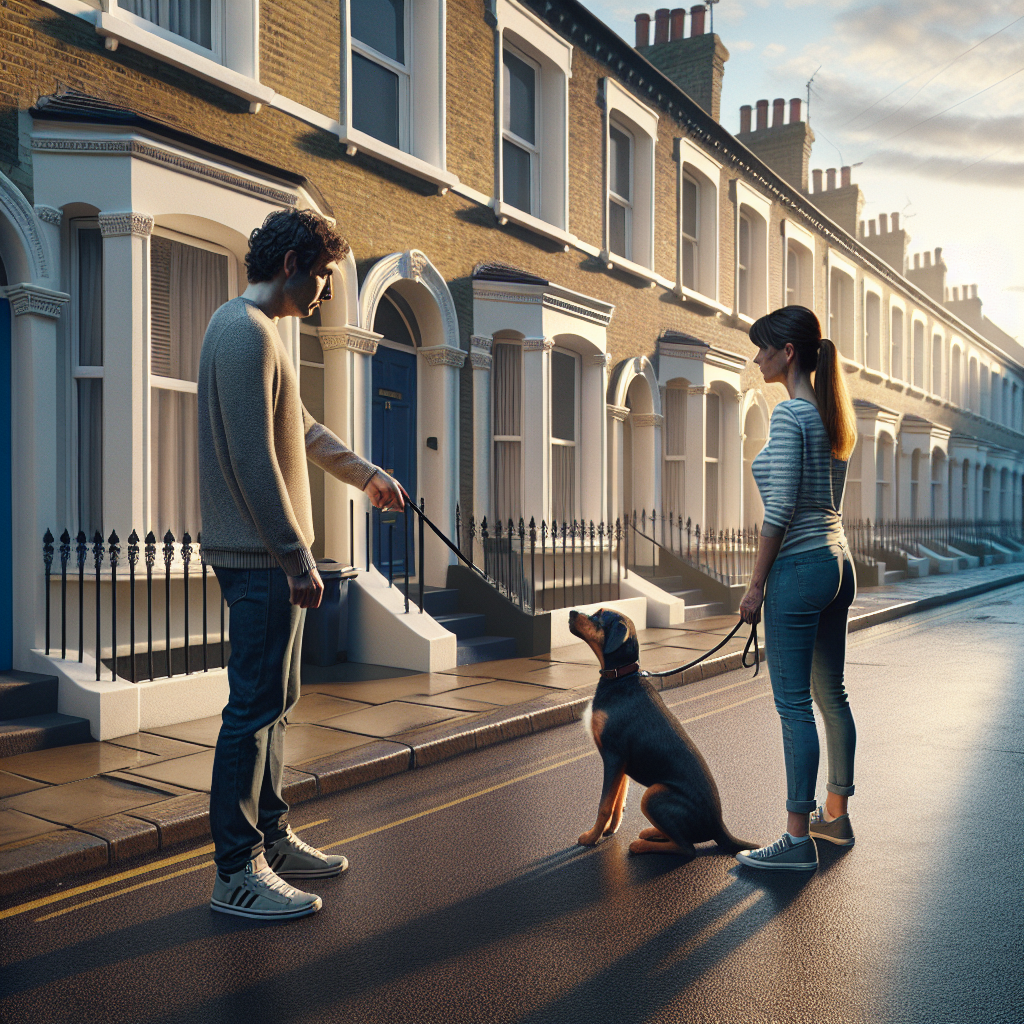 Smart trainer coaching a dog to ignore another dog on a UK pavement
