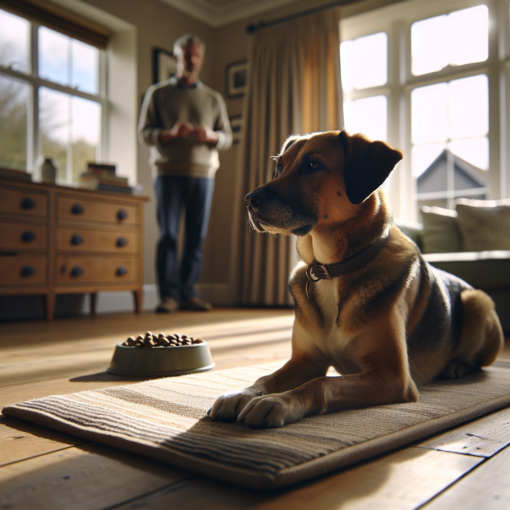 Trainer guiding a calm dog on a mat near a window with curtains partly closed in a UK home