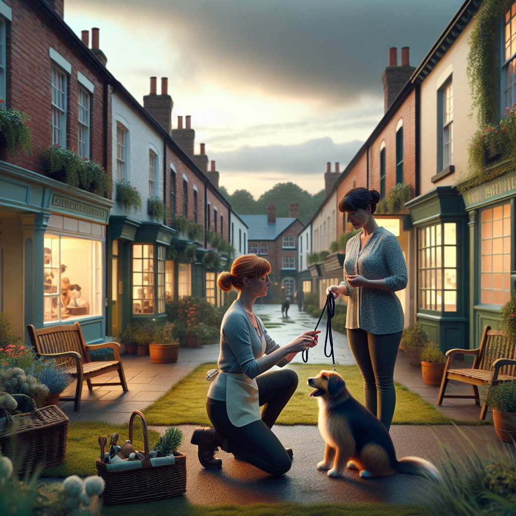 Smart trainer teaching loose lead and recall with a mixed-breed dog in a leafy Melton Mowbray town setting