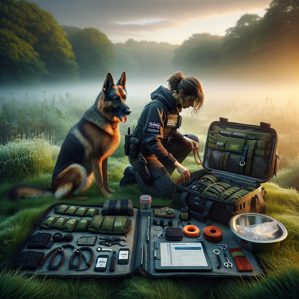 IGP handler organising a neatly packed trial gear bag beside a focused German Shepherd on a UK field at dawn