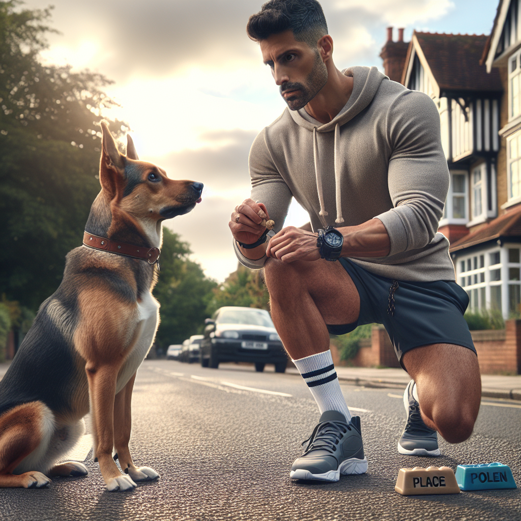 Smart trainer practising structured repetition with a mixed breed dog on a UK pavement