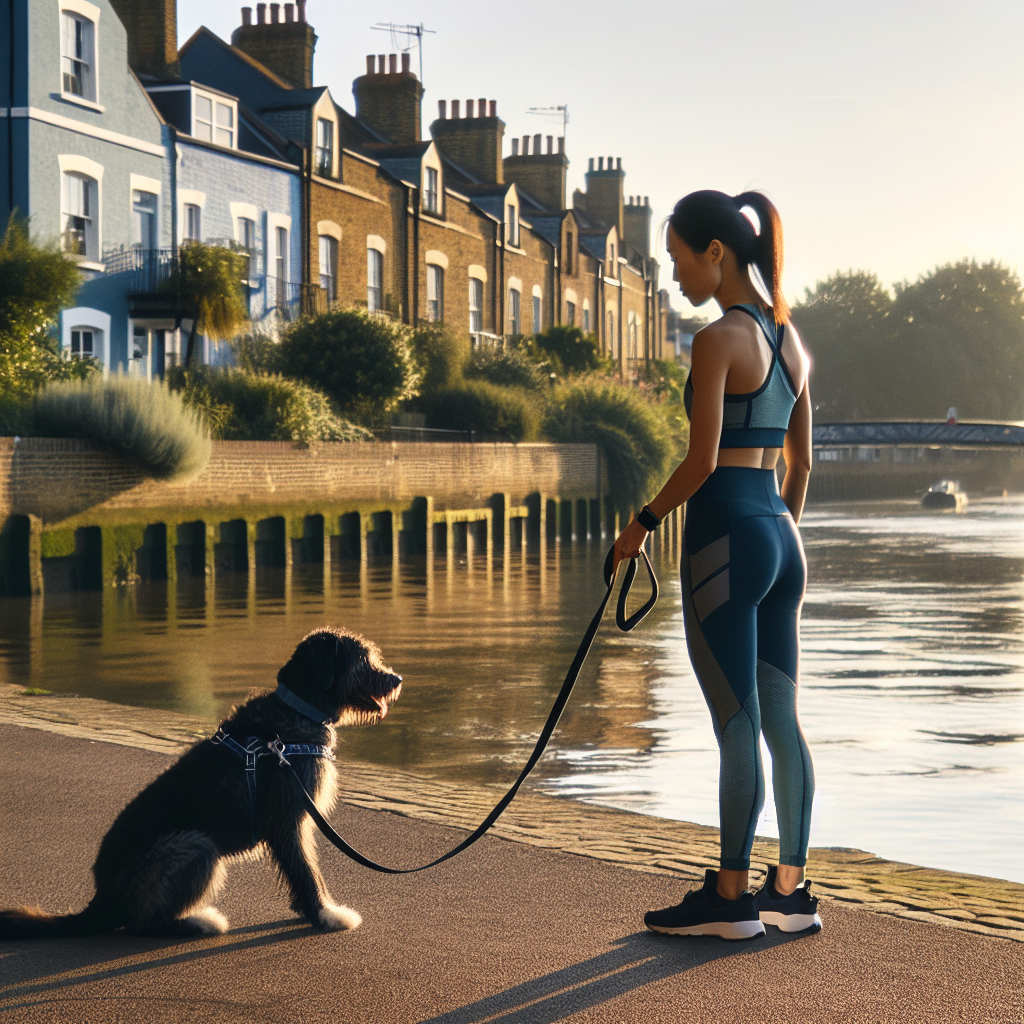 Trainer practising loose lead walking with a mixed breed dog on a riverside path in Gravesend