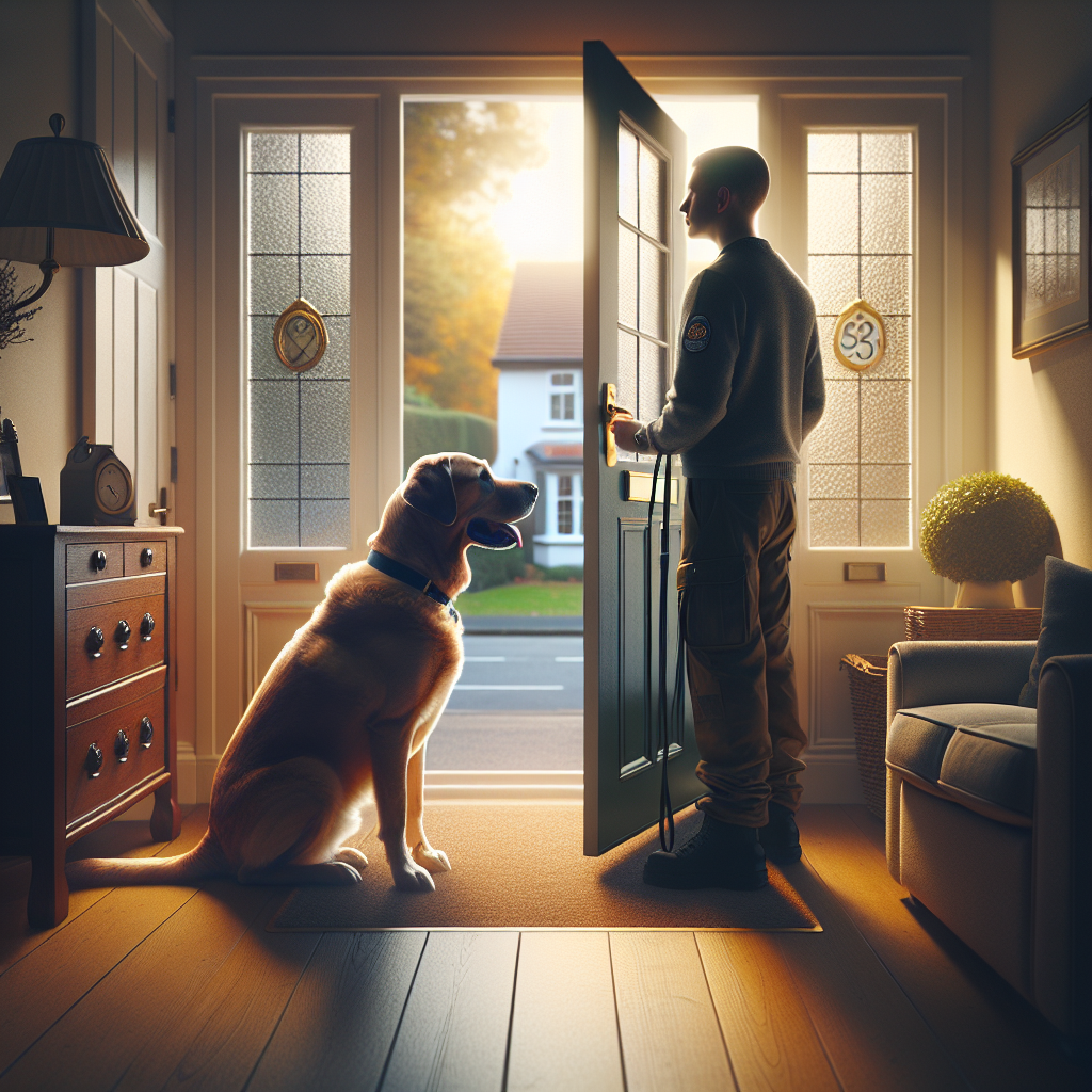 Dog sitting calmly by a front door on a loose lead while the handler opens the door