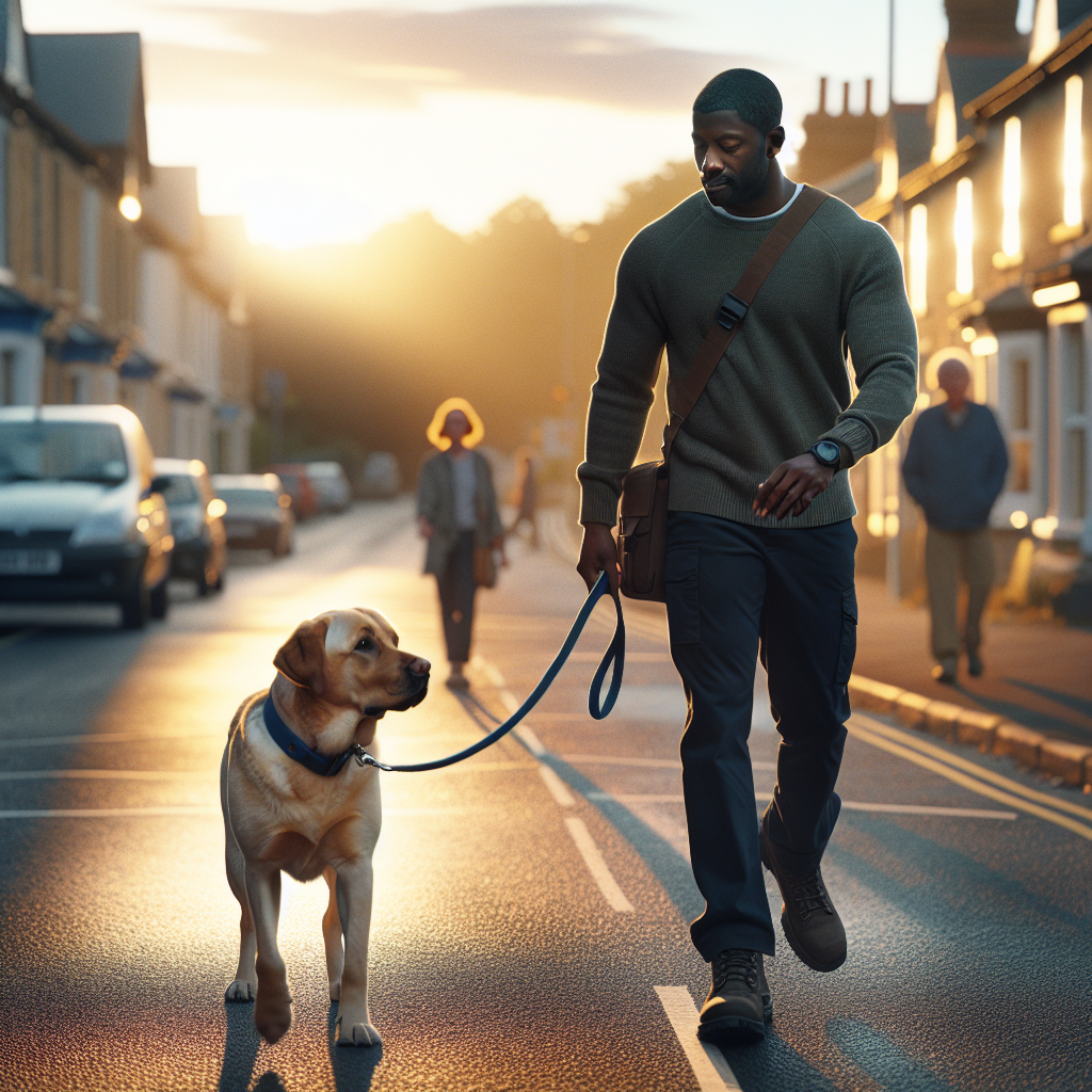Trainer guiding a Labrador in a focused heel on a calm UK street during a structured obedience walk